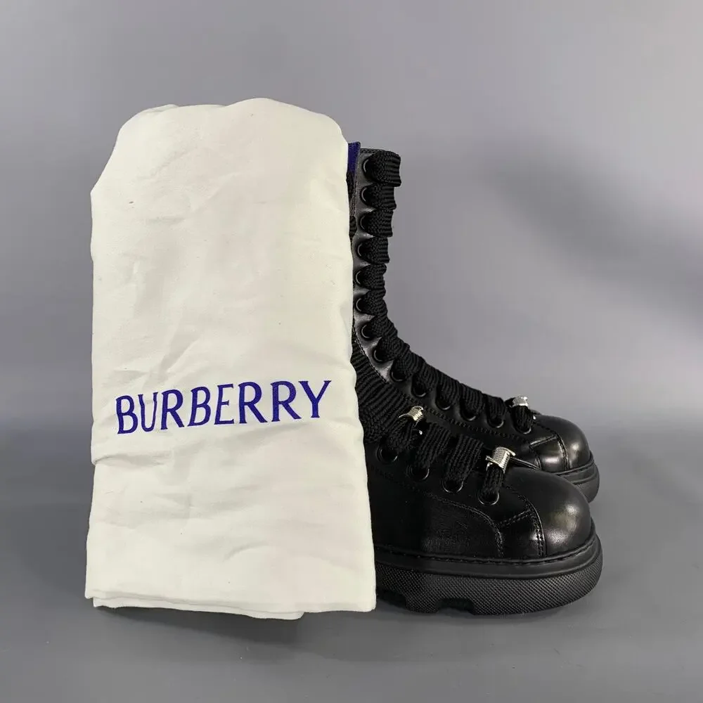 BURBERRY Size 10 Black Leather Lace Up Boots